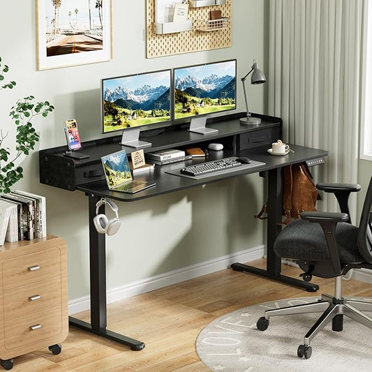 Homall Electric Standing Desk with 2 Drawers, Adjustable Height Computer Desk with Monitor Shelf Sit Stand Table with Splice Board Quick Install for Home Office (Black, 55 Inch)