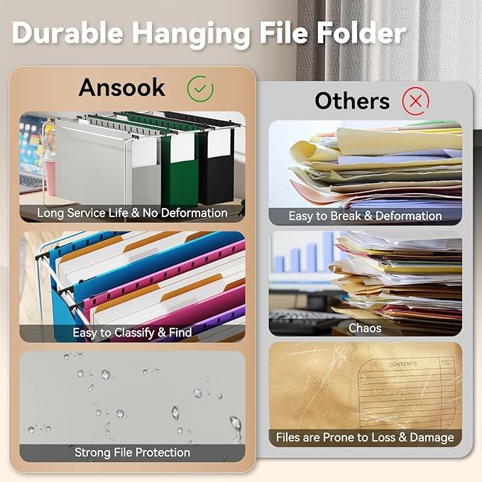 Ansook Plastic Legal Size Hanging File Folders,Heavy Duty 3" Expandable Legal File Folder Hanging with Tabs,6 Pack Extra Capacity Pastel File Cabinet Folders,Office School Hanging File Organizer