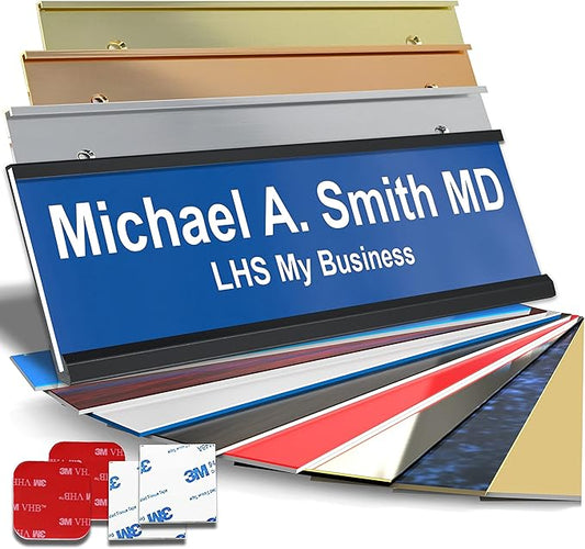 Personalized Name Plate with Choice of Mounting Holders for Walls, Doors, Cubicles, Hanging and More - Custom Blue Plastic White Letters - USA Made 2x12 - B9