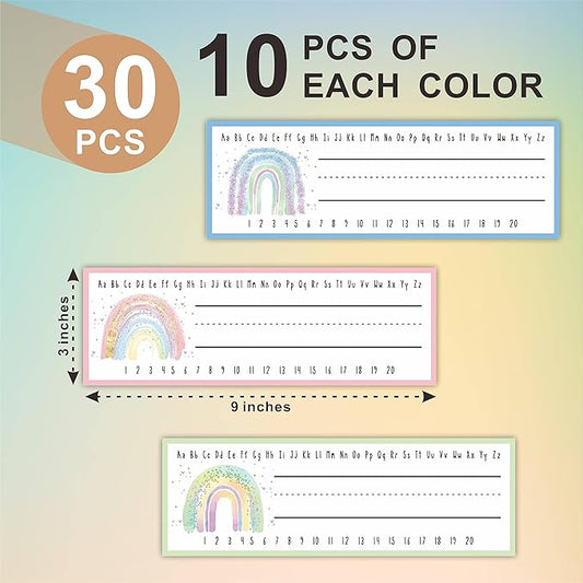 30 Name Tags Labels - Watercolor Rainbow Self Adhesive Name Plates, Desk Label, Locker Stickers for Classroom School, Student, Teacher Decorations & Supplies - A02
