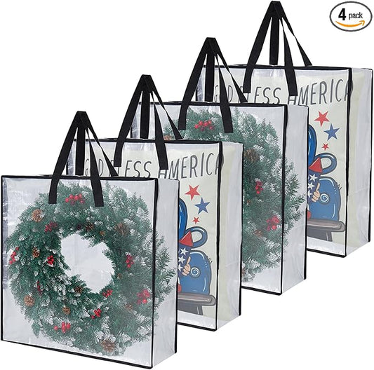 PWRSC 4-Pack Clear Heavy Duty Moving Bags and Storage Bags, 25 Gallon Large Moving Boxes Alternative for Wreath Storage Container, Under Bed Storage, Stadium Events, and College Moving Supplies