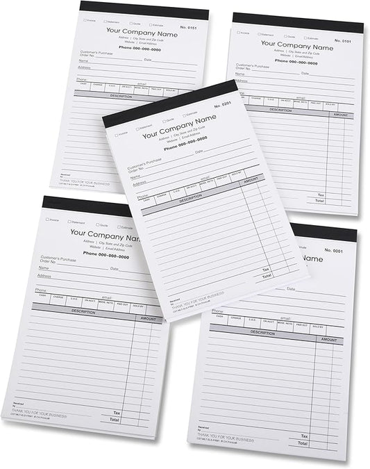 Custom Sales, Invoice, Statement, Estimate, Quote, Personalized Multipurpose Duplicate Carbonless Form with Your Company Name - 5 Books (250 Sets) Numbered