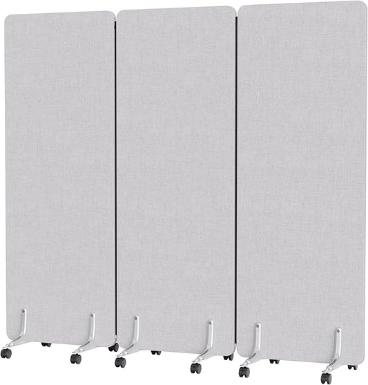 MORDEER 70.8" W x 63" H Freestanding Partition Room Dividers, Acoustic Panels with Wheels, 3 Soundproof Privacy Panels for Office, Reception Room, School, Hospital, Light Grey