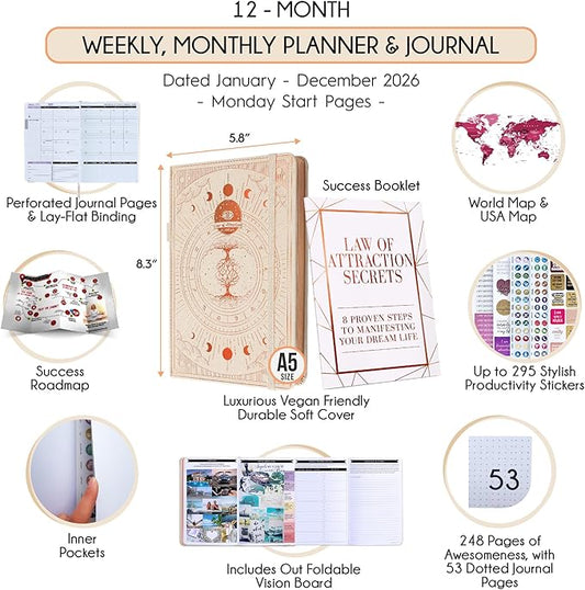 Law of Attraction Planner 2026 Deluxe with Productivity App | Weekly & Monthly Goal-Setting Planner, Life & Gratitude Journal | Include Foldable Vision Board, Gift Box & Stickers
