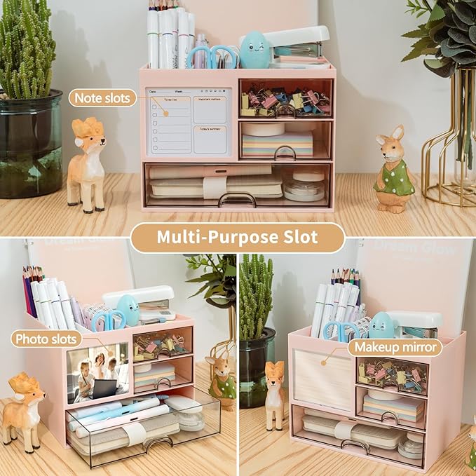 QIYVLOS Multi-Function Desk Organizer — 3 Drawers, 8 Compartments, Pink