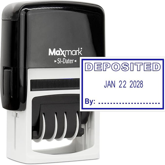 MaxMark Office Self Inking Date Stamp with Phrase Deposited - Blue Ink