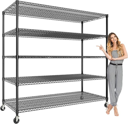 MilleLoom 82" H Storage Shelves with Wheels, 5-Tier Metal Shelving Unit Load 3300LBS Capacity, Adjustable Wire Shelf Rack w/Feets, Heavy Duty Storage Shelving for Garage Pantry Rooms, 59" W X 24" D