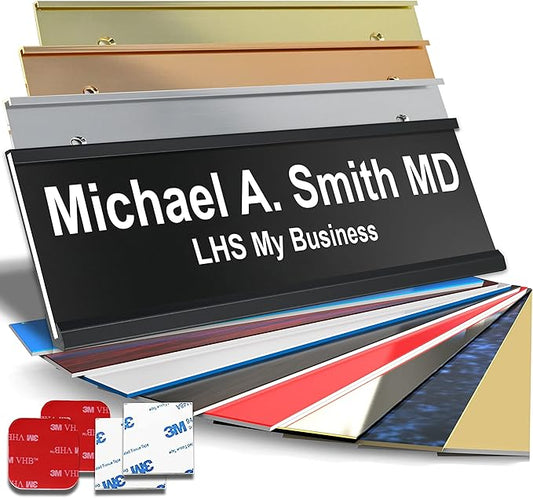 Personalized Name Sign with Name Plate Holder, with Choice of Mounting for Walls, Doors, Cubicles, Hanging and More - Black Plastic White Letters - USA Made 2x10 - B2