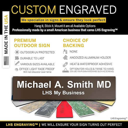 Custom Name Plate with Choice of Mounting for Walls, Doors, Desk Holders, Cubicles, Hanging and More - Personalized Brown Plastic White Letters - USA Made 2x8 - B25