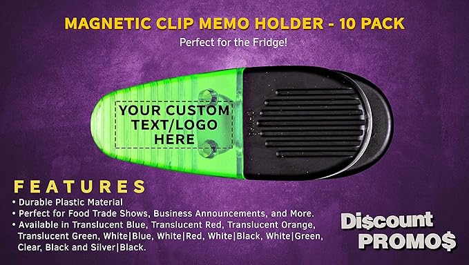 10 Magnetic Memo Holders Set - Customizable Text, Logo - Large Clip, Plastic - TGreen