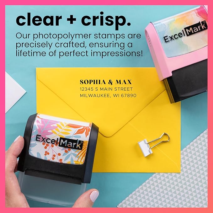ExcelMark Address Stamp - Custom Return Address Stamp with Elegant Designs, Vibrant Colors & Patterns – Perfect for Mail, Invitations & Gifts (Pink Mount, The Statement)