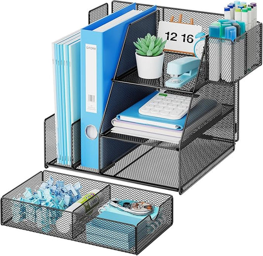 Marbrasse Desk Organizer and Accessories, 3-Tier File Organizer with Drawer and Pen Holder, Small Desktop Organizer and Storage for Workspace Office Supplies Black