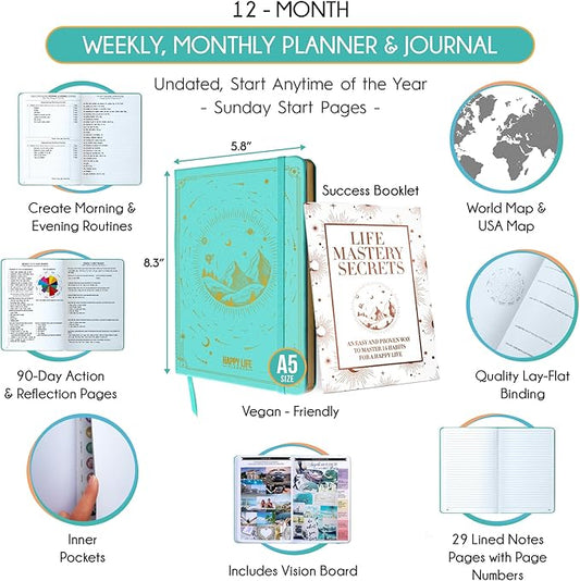 Life Mastery Planner - A 12 Month Journey to Crush Your Goals, Increase Productivity, Passion, Success & Happiness - Weekly & Monthly Life Planner, Habit-Tracker, Gratitude Journal & Organizer, A5