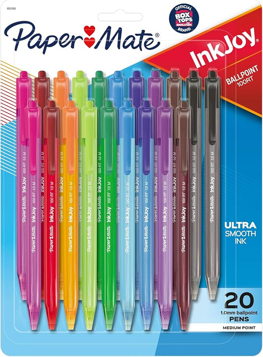 Paper Mate InkJoy 100RT Retractable Ballpoint Pens, Medium Point (1.0mm), Assorted Colors, 20 Count - Teacher Essentials, Colorful Office Supplies, Note-Taking, Back to School
