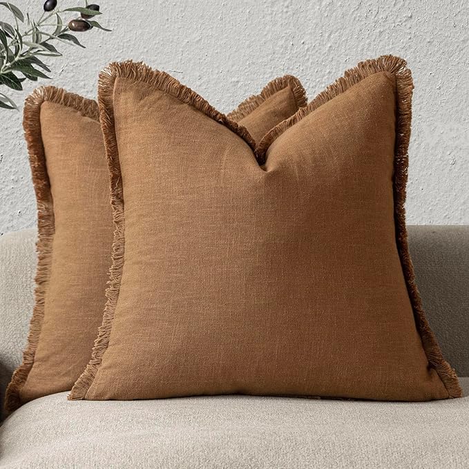 Foindtower Set of 2 Decorative Linen Fringe Throw Pillow Covers... (Orange, 16..
