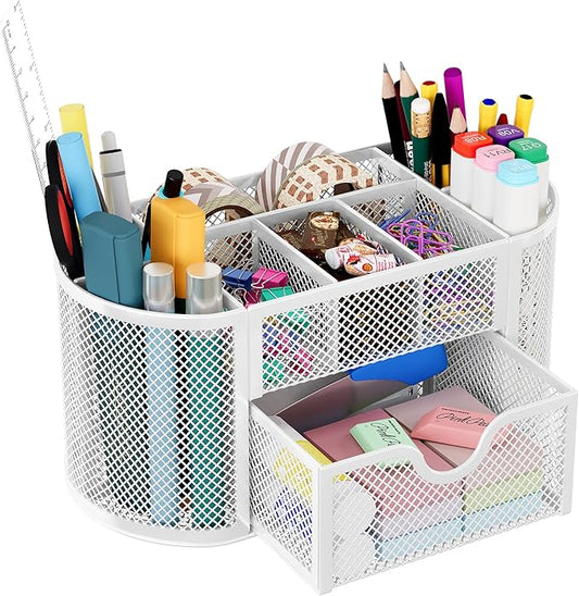 EasyPAG Mesh Pen Holder Desk Organizer with Drawer Stationery Supplies Organizer for Dorm School 9 Compartments Workspace Desk Accessories Organization for Office, White