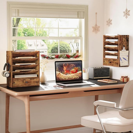 HOOBRO Wall File Organizer, Mail Organizer Wall Mounted, Wooden Literature Organizer, Construction Paper Organizer with Drawer Storage and 2 Hooks, for Office, Classroom, Home, Rustic Brown FG14WF01