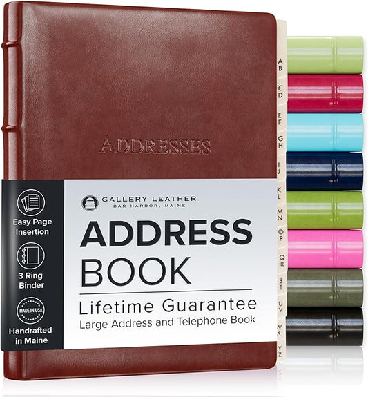 Gallery Leather Large Address Book with Alphabetical Tabs up to 480 records, Leather Notebook Hardcover, Telephone and Address Books - 9x7, Desk Address, Acadia Tan