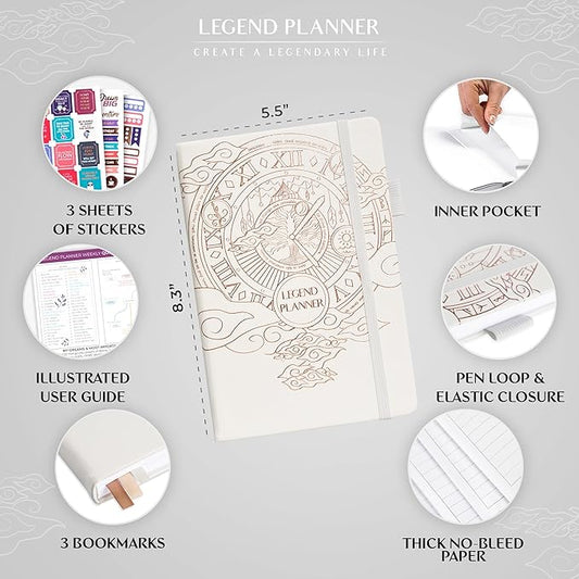 Legend Planner – Weekly & Monthly Life Planner to Hit Your Goals & Live Happier. Organizer Notebook & Productivity Journal. A5 (White)