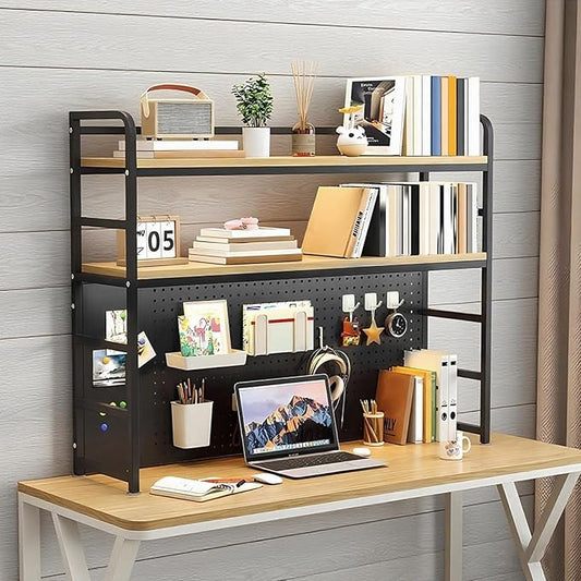 ZWCQSYS 2-Tier Desktop Bookshelf Hutch - Metal Desk Shelf Bookcase with Desk Pegboard Countertop Storage Organizer Rack for Dorm or Office (B, 90cm/35.4in)