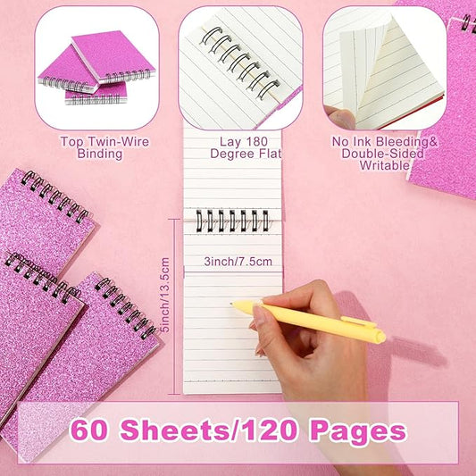 Tenceur 2 Pcs Pocket Notebook Small 3x5 Inch Spiral Notepads Mini Top Bound Notebook with Lined 120 Pages Ruled Memo Pads for Office College Nurse Essentials Back to School Gift (Glitter Pink)