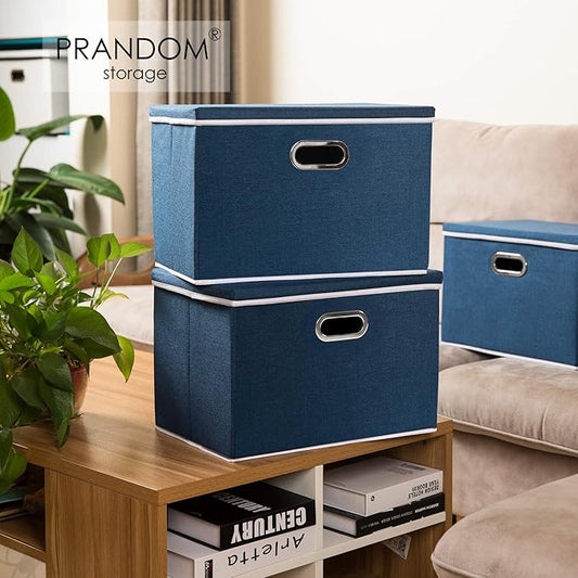 PRANDOM Extra Large Collapsible Storage Bins with Lids [3-Pack] Linen Fabric Foldable Storage Baskets Boxes Organizer Containers Cube with Cover for Bedroom Closet Office Nursery (22.8x15.75x13.8)