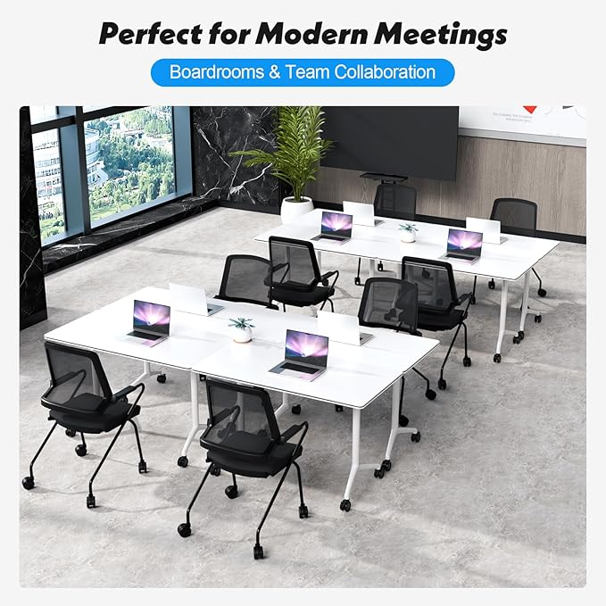 Goakwwuz Conference Room Table, Folding Conference Tables,Thicken Grey Tabletop,Flip Top Wooden Seminar Meeting Room Table for Conference Room Offices (8, White, 55.1”)