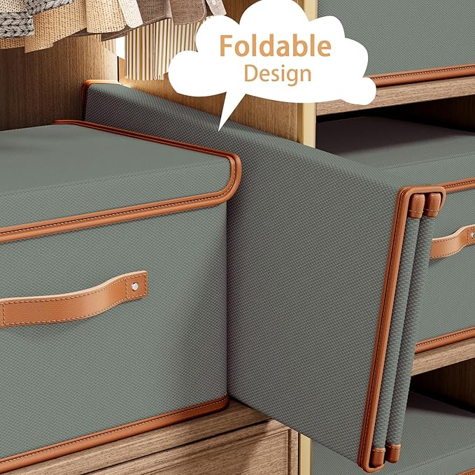 Tuza 2 Pack Storage Bins with Lids, Collapsible Closet Organizer Container, Fabric Organizer Box with Handles, Decorative Storage Boxes with Lids for Organizing Clothes, Blanket, Grey, Large