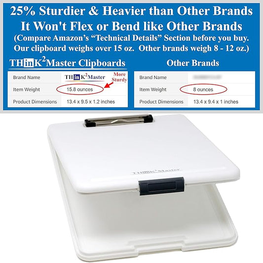 Think2Master White Plastic Storage Clipboard. | 25% Heavier & 25% Sturdier| Heavy Duty and Won’t Flex or Bend Like Other Brands (Compare The Weight). Storage Compartment Holds 150 Letter Sized Paper.