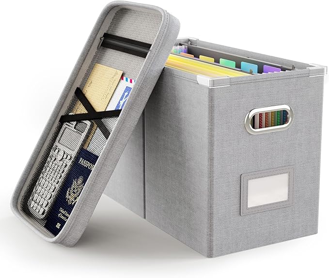 Oterri File Organizer with Lid, Hanging Filing Box with Mesh Pocket, Document Organizer for Letter Files, Portable Storage Box with Smooth Sliding Rail for Office & Home (1 PCS, Light Grey)