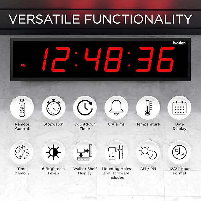 Ivation Huge Oversized 72" Large Digital LED Clock | Big Digital Clock w/Multi-Function Display – Stopwatch, Timer, Alarms, Temp & Date | 6 Brightness Levels, Time Memory & Remote (Red)