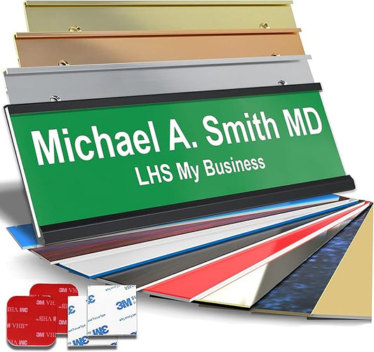 Custom Name Plate with Choice of Mounting for Walls, Doors, Cubicles, Hanging and More - Personalized Green Plastic White Letters - USA Made 2x10 - B6