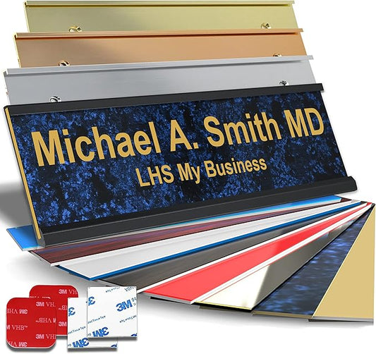Custom Name Plate with Choice of Mounting for Walls, Doors, Cubicles, Hanging and More - Personalized Celestial Blue Plastic Gold Letters - USA Made 2x12 - S1