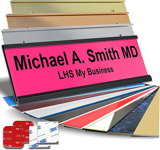 Custom Name Plate with Choice of Mounting for Walls, Doors, Cubicles, Hanging and More - Personalized Ribbon Pink Plastic Black Letters - USA Made 2x12 - B12