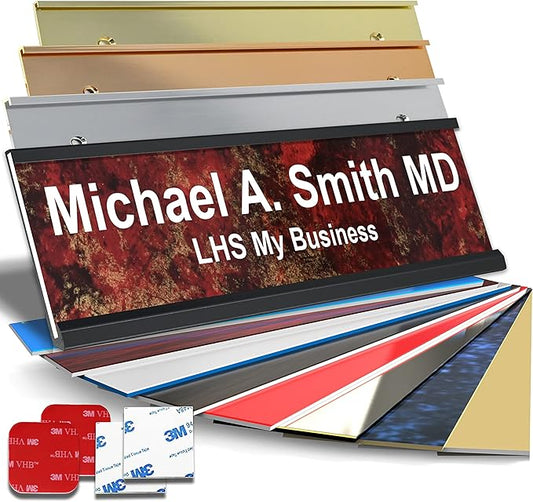 Personalized Name Plate with Choice of Mounting for Walls, Doors, Desk Holders, Cubicles, Hanging and More - Custom Gloss Rustico Granite Plastic White Letters - USA Made 2x8 - S2