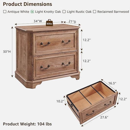 T4TREAM 34" Lateral File Cabinet with 2 Drawers, Farmhouse Filing Cabinet with 34" Wide Wooden Tabletop & Smooth Rails, Holds Letter/Legal, Hexagonal Design & Framed Drawer Fronts, Light Knotty Oak