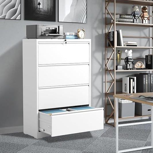 FLIXELIO File Cabinets 4 Drawer,Metal Office Storage Filing Cabinet with Lock,White Lateral Filing Cabinet for Home Office,Horizontal Locking File Cabinet for Legal/Letter/A4,Assembly Require,White