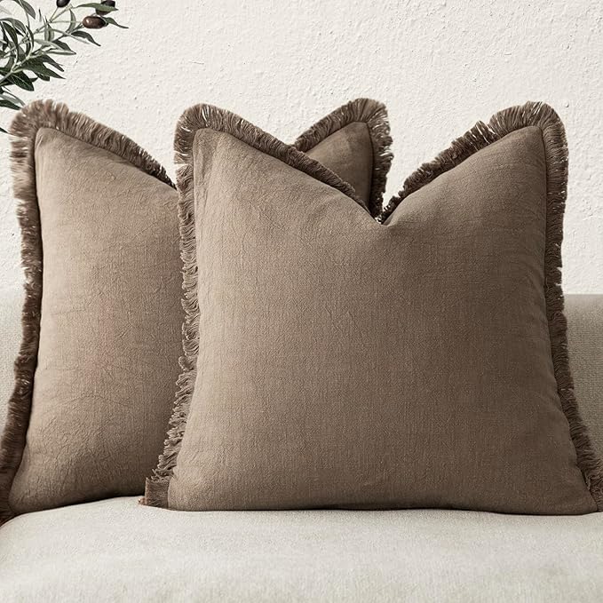 Foindtower Set of 2 Decorative Linen Fringe Throw Pillow Covers... (Brown, 20×..