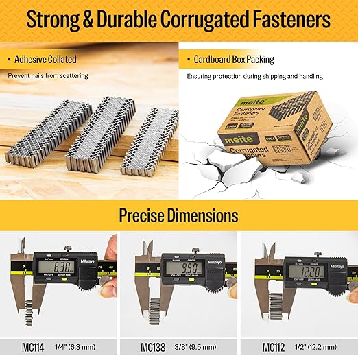 meite Corrugated Fasteners MC112 25 Gauge 1-Inch Crown 1/2-Inch Length Staples Corrugated W Fasteners for Pneumatic Corrugated Tools, for Woodworking Projects (1,200 Counts/Box)