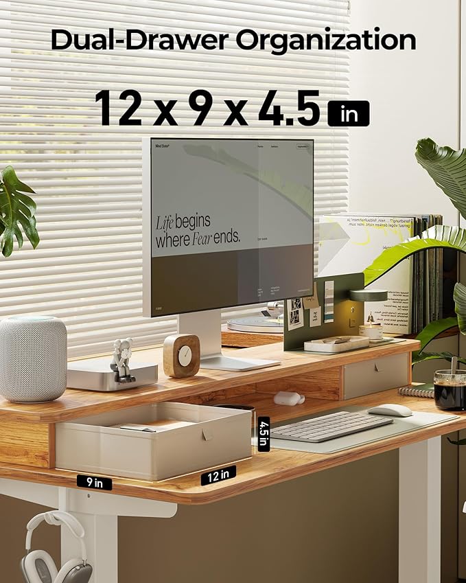 FEZIBO 48'' x 24'' Standing Desk with Double Drawers, Adjustable Desk, Home Office Stand Up Table with 4 Height-Adjustable Feets & 2 Hooks, Light Rustic