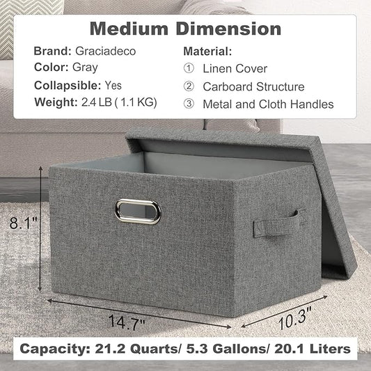 Graciadeco Medium 15" 21 Quart Collapsible Stackable Storage Bins with Lids, 5 Packs Grey Foldable Fabric Closet Boxes Heavy-duty Linen Cube Baskets Container for Bedroom Office (15 x 11 x 8)