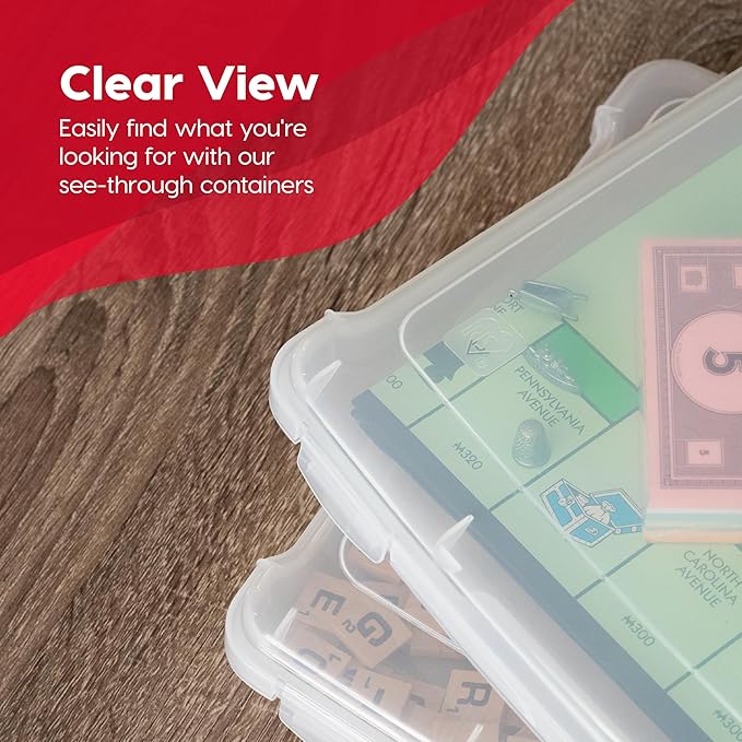 IRIS USA Board Game Storage Craft Organizer Box with Snap-Tight Latch Lid, 10-Pack Portable Plastic Case Bin for Puzzles, Magazines, Hobbies, Art Supplies, Fits 8.5" x 11" & A4 Papers, Slim, Clear