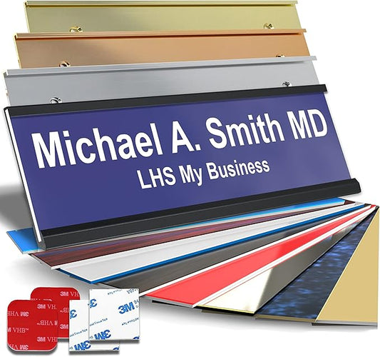 Personalized Name Plate with Choice of Mounting Holders for Walls, Doors, Cubicles, Hanging and More - Custom Purple Plastic White Letters - USA Made 2x12 - B13