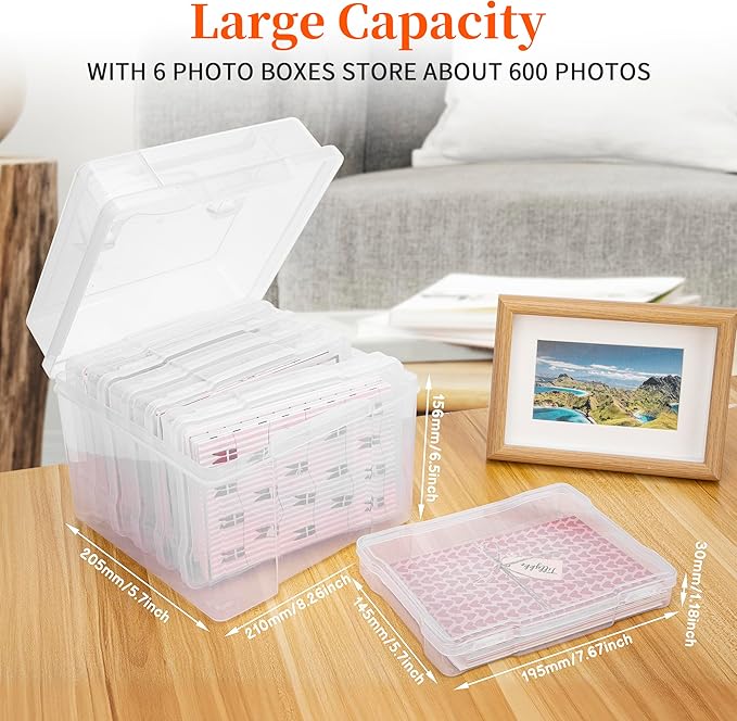 Joelver Maker 5" x 7" Photo Storage Box - 6 Inner Acid-Free Photo Cases, Seed & Craft Organizer for Cards, Pictures, Stamps & Office Supplies (Clear)