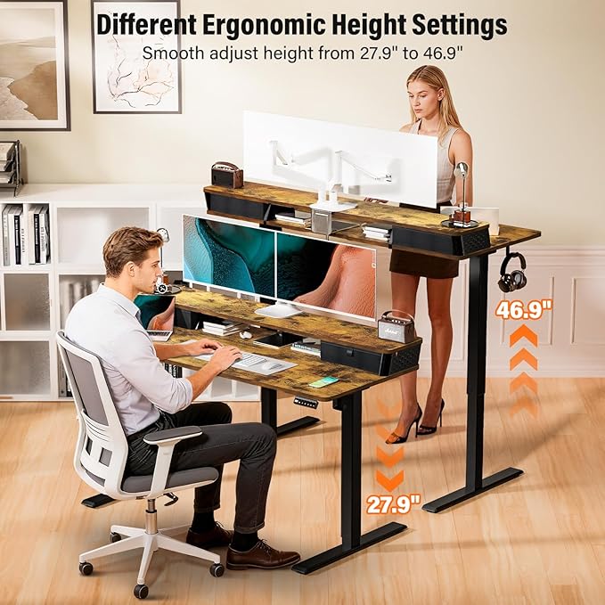 Kingant 55 x 24 Inch Electric Standing Desk with Dual Drawers, Height Adjustable Sit to Stand Computer Desk with Storage Shelf and C-Clamp Mount Compatibility for Home Office, Rustic Brown