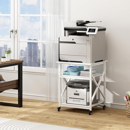 Fannova Large Printer Stand with Height Adjustable Storage Shelf, 23.6 x 23.6 Inches Square Printer Table with Industrial Wheels, Multi-use 3 Tier Rolling Printer Cart for Home Office - White