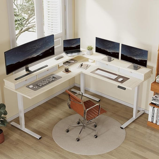 FLEXISPOT 71" L Shaped Standing Desk Electric Corner Table with Shelf, 4 Storage Drawers, Adjustable Computer Workstation for Home, Office, Game, Studio,Light Maple Top + White Frame