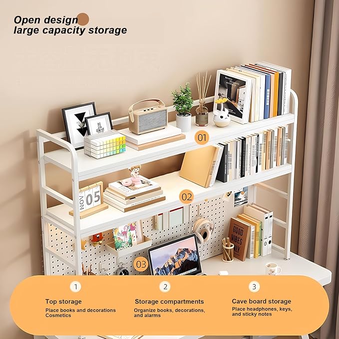 ZWCQSYS 2-Tier Desktop Bookshelf Hutch - Metal Desk Shelf Bookcase with Desk Pegboard Countertop Storage Organizer Rack for Dorm or Office (A, 110cm/43in)
