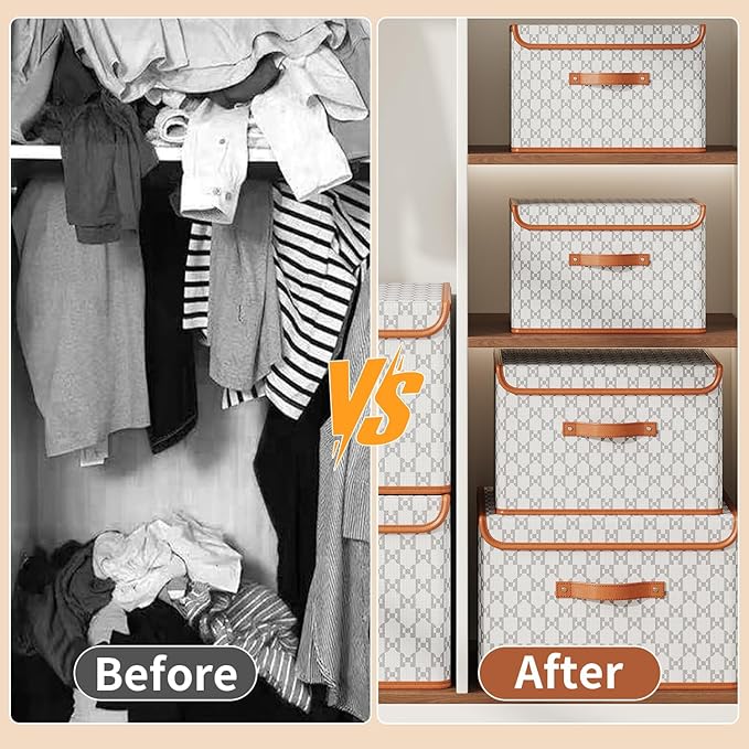 Tuza 4 Pack Fabric Storage Bins with Lids, Collapsible Closet Organizer Container, Decorative Storage Boxes with Lids for Organizing Clothes, Blanket, Grey & White, Medium