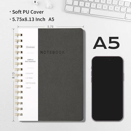Spiral Notebook-5.75" x 8.125" College Ruled Journal with Inner Pockets and 160 Pages,PU Leather Cover Business Journal, Twin-Wire Binding Notebook Perfect for Office & Home School Supplies Dark Grey